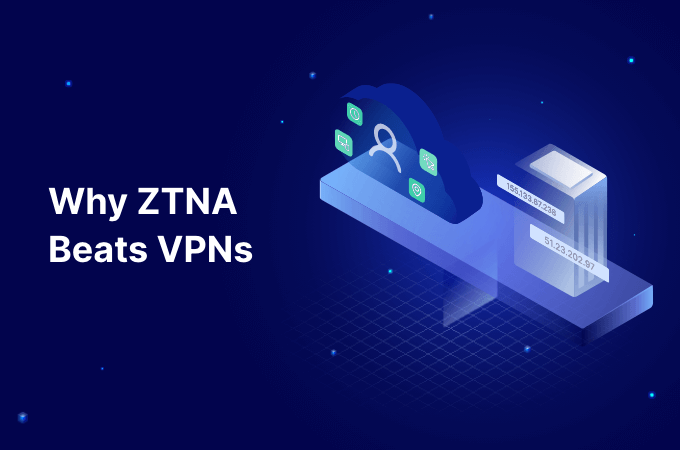 Copy on image says "Why ZTNA Beats VPNs." There is also a data center building with IP address labels on it and a user icon is next to the building.
